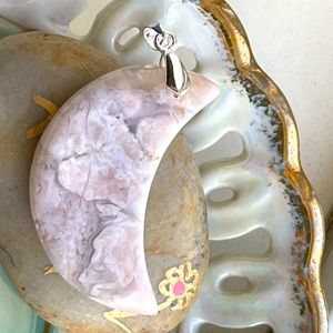 Natural Scenic Dendritic Agate Half-moon Pendant with silver bale.